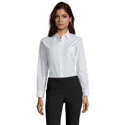 Damska Bluzka Biznesowa Z Długim Rękawem Executive Poplin. Białe bluzki damskie SOL'S, l, bez wzorów, biznesowe, bez kołnierzyka, bez ramiączek. Za 125.99 zł.