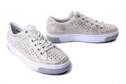 RIEKER L8849-60 beige, półbuty damskie. Szare półbuty damskie Rieker, bez wzorów, bez obcasa. Za 271.92 zł.