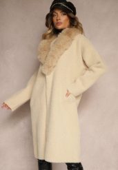 Beżowy Płaszcz z Dzianiny z Wełną Zdobiony Odpinanym Futrem Veliti. Brązowe płaszcze damskie Renee, l, z aplikacjami, z dzianiny, eleganckie. Za 279.99 zł.