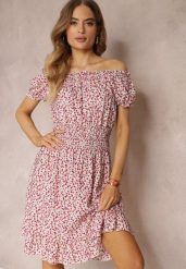 Biało-Czerwona Bawełniana Sukienka z Gumką w Talii o Fasonie Hiszpanki Jazmi. Białe sukienki damskie Renee, na co dzień, l, z aplikacjami, z bawełny, eleganckie, bez kołnierzyka, bez ramiączek, midi, kopertowe. W wyprzedaży za 38.49 zł.