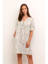 Kaffe Lniana sukienka w kolorze beżowym rozmiar: L/XL. Brązowe sukienki damskie Kaffe, na co dzień, l, bez wzorów, ze lnu, bez kołnierzyka, bez ramiączek, midi, proste. Za 165.99 zł.