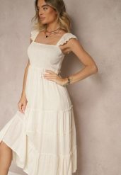 Beżowa Rozkloszowana Sukienka z Wiskozy z Metalicznymi Przeszyciami Iffaria. Brązowe sukienki damskie Renee, na co dzień, l, bez wzorów, z jeansu, eleganckie, bez kołnierzyka, bez ramiączek, midi, kopertowe. Za 119.99 zł.