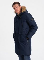 Ocieplana kurtka męska alaska z kieszeniami i rozpinanym dołem – granatowa V1 OM-JALJ-0148 - XXL. Niebieskie kurtki męskie Ombre Clothing, l, bez wzorów, z materiału, militarne, z kapturem. W wyprzedaży za 199.99 zł.