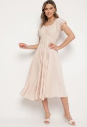 Beżowa Sukienka z Bawełną Typu Hiszpanka z Ozdobnymi Bufkami Lunaleia. Brązowe sukienki damskie Born2be, na co dzień, m, bez wzorów, z bawełny, eleganckie, bez kołnierzyka, bez ramiączek, midi. Za 69.99 zł.