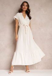 Beżowa Kopertowa Sukienka z Gumką w Talii i Wiązaniem Mylelse. Brązowe sukienki damskie Renee, na imprezę, na lato, l, bez wzorów, eleganckie, bez kołnierzyka, bez ramiączek, maxi, kopertowe. W wyprzedaży za 62.99 zł.