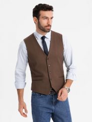 Męska kamizelka garniturowa z klasycznym detalem i podszewką – brązowa V2 - Rozmiar: L. Brązowe kamizelki męskie Ombre Clothing, l, z materiału. W wyprzedaży za 194.99 zł.