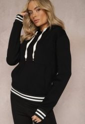 Czarna Bluza Kangurka z Bawełny ze Ściągaczami w Paski i Kapturem Gaiana. Czarne bluzy z kapturem damskie Renee, z bawełny. Za 99.99 zł.