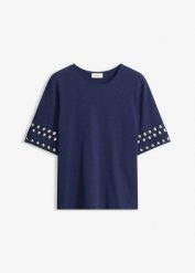 T-shirt z czystej bawełny. Niebieskie t-shirty damskie bonprix, bez wzorów, z bawełny, bez kołnierzyka. Za 84.99 zł.