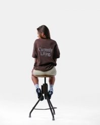 Damski oversize'owy T-shirt bawełniany – Currently Lifting – brązowy. Brązowe t-shirty damskie AESTHETICWOLF, m, bez wzorów, z bawełny, bez kołnierzyka. Za 159.99 zł.