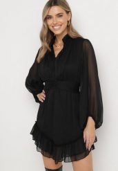 Czarna Rozkloszowana Sukienka z Falbanką Harlin. Czarne sukienki damskie Born2be, m, bez wzorów, bez kołnierzyka, bez ramiączek, mini, rozkloszowane. W wyprzedaży za 151.99 zł.