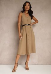Ciemnobeżowa Rozkloszowana Sukienka z Guzikami Folunira. Brązowe sukienki damskie Renee, na lato, m, bez wzorów, eleganckie, bez kołnierzyka, bez ramiączek, midi, rozkloszowane. W wyprzedaży za 97.99 zł.