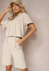 Beżowy Komplet Dresowy Bluza z Kapturem i Krótkimi Rękawami oraz Szorty Choana. Brązowe bluzy z kapturem damskie Renee, bez wzorów, z dresówki. Za 109.99 zł.