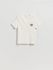 T-shirt z nadrukiem i haftem - złamana biel. T-shirty damskie Reserved, l, bez wzorów, z bawełny, bez kołnierzyka. W wyprzedaży za 35.99 zł.