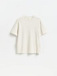 T-shirt boxy - beżowy. Brązowe t-shirty męskie Reserved, l, bez wzorów, z bawełny, bez kołnierzyka. Za 119.99 zł.