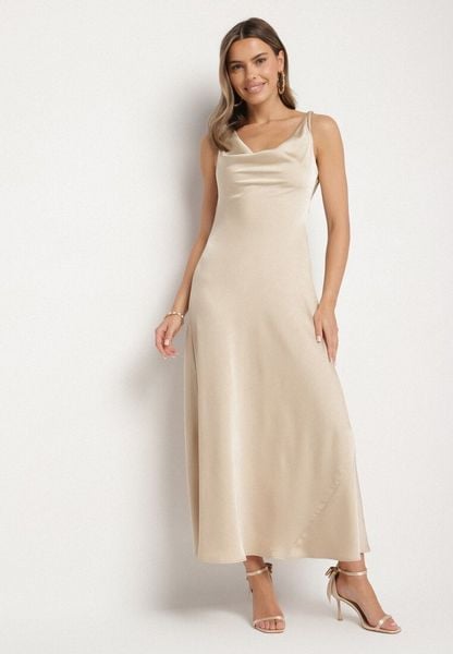 Beżowa Sukienka Vices z Ozdobnym Tyłem i Wiązaniem Zimea. Brązowe sukienki damskie Born2be, na imprezę, l, bez wzorów, klasyczne, bez kołnierzyka, bez ramiączek. Za 119.99 zł.