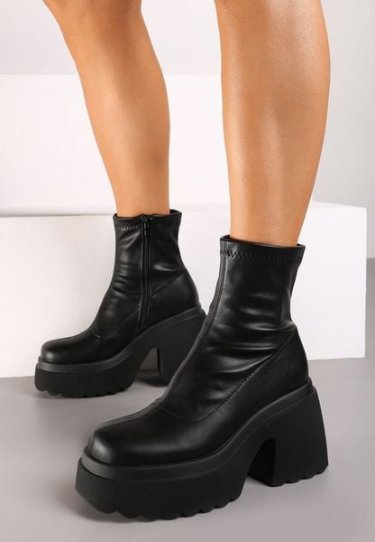 Czarne Botki na Obcasie i Platformie z Dopasowaną Cholewką Zapinane na Suwak Reliefra. Czarne botki damskie Born2be, z jeansu, eleganckie, bez obcasa, na obcasie, bez zapięcia. Za 179.99 zł.