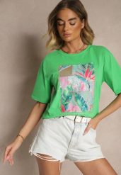 Zielony T-shirt z Bawełny Ozdobiony Brokatem Isadelle. Zielone t-shirty damskie Renee, m, bez wzorów, z bawełny, bez kołnierzyka. Za 39.99 zł.