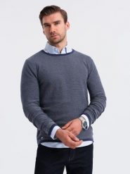 Męski dzianinowy sweter w strukturalne kropki – granatowy V1 OM-SWSW-0118 - XXL. Niebieskie swetry męskie Ombre Clothing, l, z aplikacjami, z bawełny, bez kołnierzyka. Za 119.99 zł.