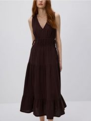Sukienka maxi - ciemnobrązowy. Brązowe sukienki damskie Reserved, l, bez wzorów, z bawełny, bez kołnierzyka, bez ramiączek, maxi. Za 139.99 zł.