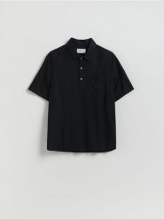 Koszula z dodatkiem lnu - czarny. Czarne koszule męskie Reserved, l, bez wzorów, z wiskozy, bez kołnierzyka, bez ramiączek. Za 129.99 zł.