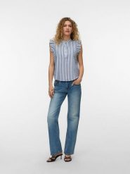 Vero Moda Bluzka w kolorze niebiesko-białym rozmiar: XL. Białe bluzki damskie Vero Moda, xl, bez wzorów, z bawełny, bez kołnierzyka, bez ramiączek. Za 109.95 zł.