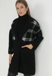 Czarny Płaszcz Krótki w Kratę Florenta. Czarne płaszcze damskie Born2be, z aplikacjami, z jeansu, eleganckie. Za 309.99 zł.