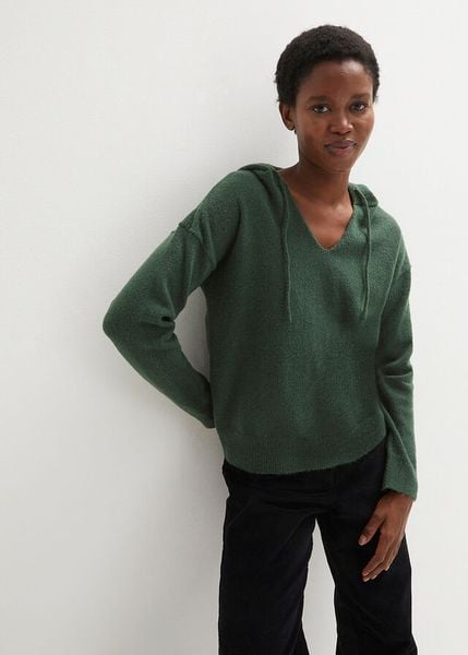 Sweter z dekoltem w serek i kapturem. Zielone swetry klasyczne damskie bonprix, bez kołnierzyka. Za 109.99 zł.