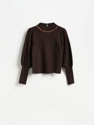 Sweter z domieszką wełny - ciemnobrązowy. Brązowe swetry klasyczne damskie Reserved, l, z dzianiny, bez kołnierzyka. Za 139.99 zł.