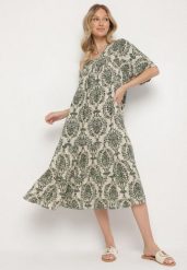 Ciemnozielona Sukienka z Bawełną w Abstrakcyjny Wzór Filindela. Zielone sukienki damskie Born2be, na co dzień, na lato, l, z aplikacjami, z bawełny, eleganckie, bez kołnierzyka, bez ramiączek. Za 59.99 zł.