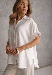 Biała Oversizowa Koszula z Wiskozy na Krótki Rękaw z Oryginalnymi Guzikami Isea. Białe koszule damskie Renee, l, bez wzorów, z materiału, eleganckie, bez kołnierzyka, bez ramiączek. Za 79.99 zł.