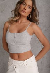 Szary Prążkowany Top na Ramiączkach z Bawełny z Guzikami Bernesa. Szare topy damskie Renee, m, bez wzorów, z bawełny, bez kołnierzyka. Za 39.99 zł.