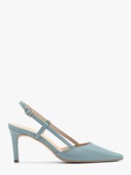 Niebieskie czółenka typu slingback. Niebieskie czółenka damskie Ryłko, bez wzorów, ze skóry, bez obcasa, na szpilce. W wyprzedaży za 269.99 zł.
