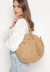 Beżowa Okrągła Torebka Typu Shopper z Plecionki z Dodatkowym Paskiem Enirta. Brązowe shopper bag damskie Born2be, bez wzorów, bez dodatków. Za 99.99 zł.