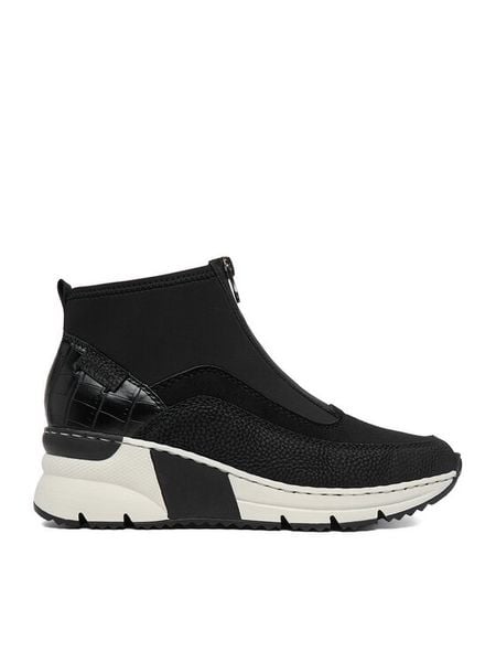 Rieker Botki CEO-N6352-00 Czarny. Czarne botki damskie Rieker, z materiału, bez obcasa, na koturnie, bez zapięcia. Za 329.99 zł.