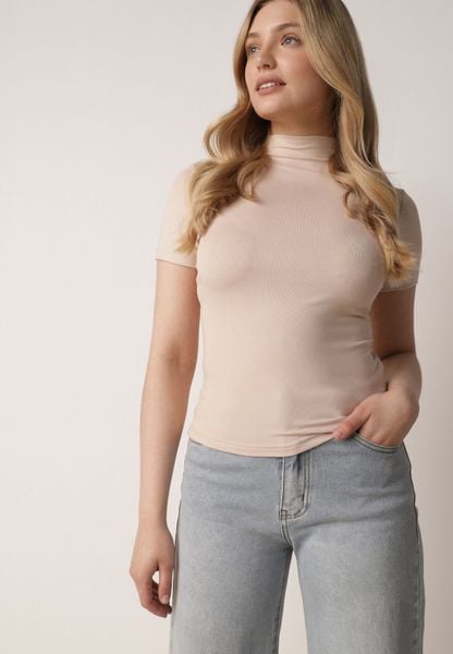 Jasnobeżowy Dopasowany T-shirt z Wiskozy z Golfem Isovera. Brązowe t-shirty damskie Born2be, m, z aplikacjami, z materiału, bez kołnierzyka. Za 59.99 zł.