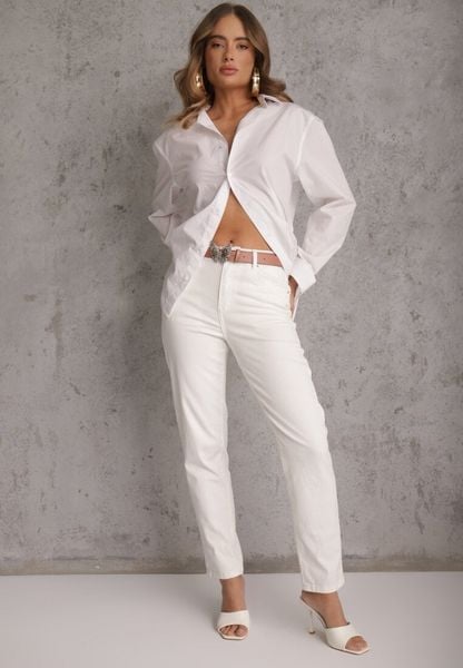 Białe Jeansy z Bawełną i Wiskozą High Waist Ozdobione Paskiem i Motylem Neviasi. Białe jeansy damskie Renee, z podwyższonym stanem. Za 109.99 zł.
