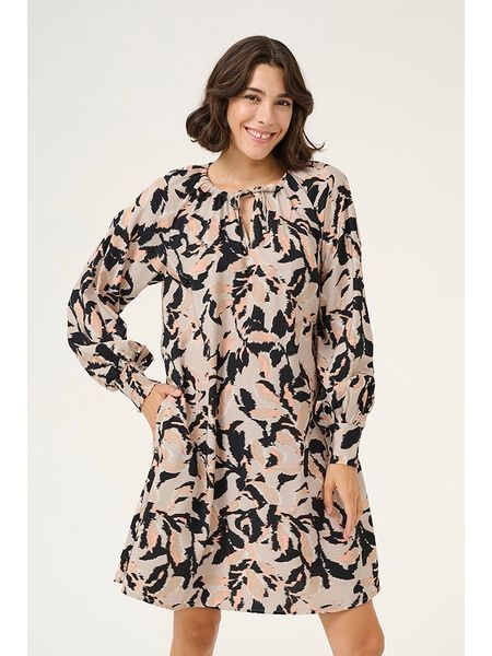 Kaffe Sukienka w kolorze beżowo-czarnym rozmiar: 42. Brązowe sukienki damskie Kaffe, na imprezę, s, bez wzorów, z wiskozy, klasyczne, bez kołnierzyka, bez ramiączek, mini. Za 112.83 zł.