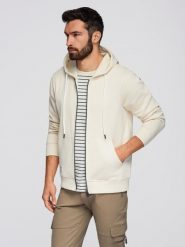 Męska bluza dresowa BASIC rozpinana z kapturem - kremowa V11 - Rozmiar: L. Białe bluzy z kapturem męskie Ombre Clothing, l, z bawełny. Za 209.99 zł.