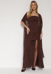 Brązowa Koktajlowa Sukienka z Odkrytymi Ramionami i Dodatkowym Szalem Krynaya. Brązowe sukienki damskie Born2be, na imprezę, m, bez wzorów, klasyczne, bez kołnierzyka, bez ramiączek, maxi, kopertowe. Za 139.99 zł.