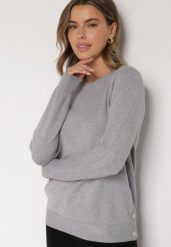 Szary Sweter z Guzikami z Boku Tusiana. Szare swetry klasyczne damskie Born2be, z jeansu, bez kołnierzyka. Za 79.99 zł.