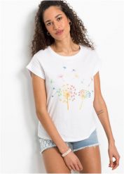 T-shirt z nadrukiem z roślinnym motywem. Niebieskie t-shirty damskie bonprix, z aplikacjami, bez kołnierzyka. Za 64.99 zł.