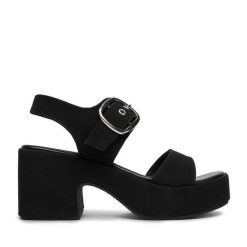 Sandały DeeZee. Czarne sandały damskie DeeZee, bez wzorów, bez obcasa, na słupku. Za 149.99 zł.