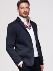 Dzianinowa marynarka męska o dopasowany kroju SLIM FIT - granatowa V3 - Rozmiar: XXL. Niebieskie marynarki męskie Ombre Clothing, bez wzorów, z bawełny. Za 379.99 zł.