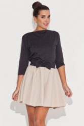 Rozkloszowana Beżowo-Czarna Spódnica z Kokardą. Brązowe spódniczki damskie Katrus, xl, bez wzorów, z lycry, rozkloszowane. Za 179.00 zł.