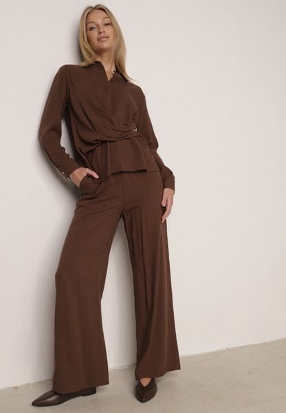 Brązowy Wiskozowy Komplet Asymetryczna Koszula i Spodnie z Kieszeniami Moneia. Brązowe koszule damskie Born2be, bez wzorów, z wiskozy, eleganckie. Za 169.99 zł.