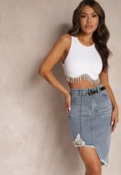 Niebieska Asymetryczna Bawełniana Spódnica Jeansowa High Waist z Łańcuchem i Paskiem Vimaliene. Niebieskie spódniczki damskie Renee, na lato, m, bez wzorów, z bawełny, z podwyższonym stanem, mini, asymetryczne. Za 39.99 zł.
