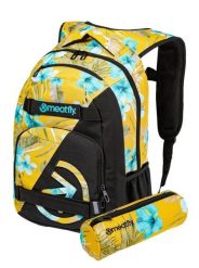 Plecak na laptopa z elementami odblaskowymi – żółty Meatfly + piórnik. Żółte plecaki damskie Meatfly, bez wzorów, z materiału. Za 237.99 zł.
