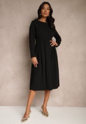 Czarna Rozkloszowana Sukienka w Eleganckim Stylu Temilissa. Czarne sukienki damskie Renee, do pracy, m, bez wzorów, biznesowe, bez kołnierzyka, bez ramiączek, midi, rozkloszowane. W wyprzedaży za 90.99 zł.