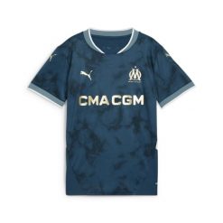 Młodzieżowa koszulka wyjazdowa Olympique Marsylia 24/25 PUMA. Niebieskia bluzki damskie Puma, m, bez wzorów, młodzieżowe, bez kołnierzyka, bez ramiączek. Za 333.33 zł.