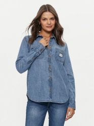Guess Jeans Koszula jeansowa W4YH37 D5EI2 Niebieski Regular Fit. Niebieskie koszule damskie Guess Jeans, xl, z aplikacjami, z bawełny, bez kołnierzyka, bez ramiączek. Za 239.99 zł.